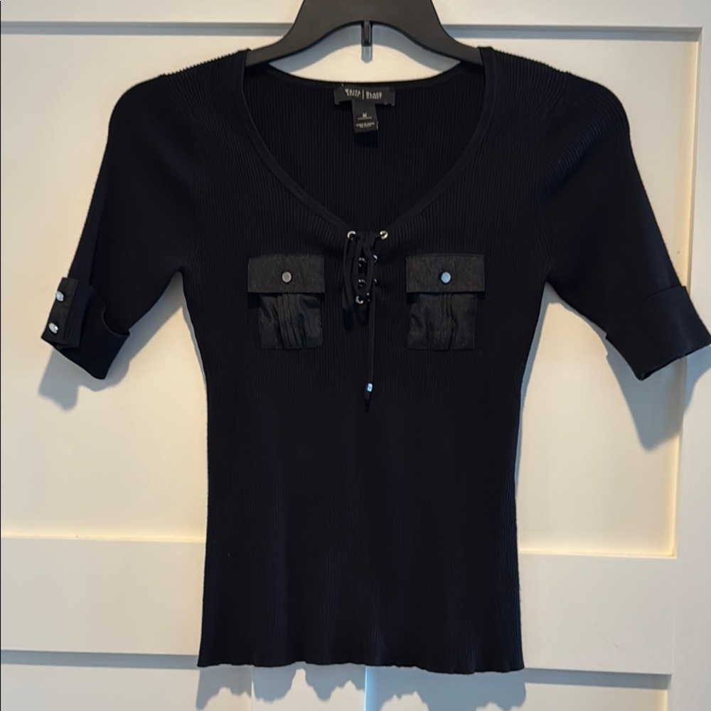 White House Black Market Black Ribbed Blouse with Lace-Up Detail